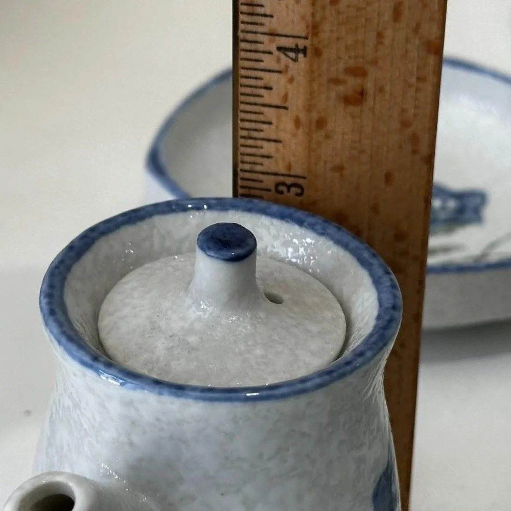 Vintage Blue White Speckled Ceramic Lot 5 Sauce Dishes Japanese Bellflower Set